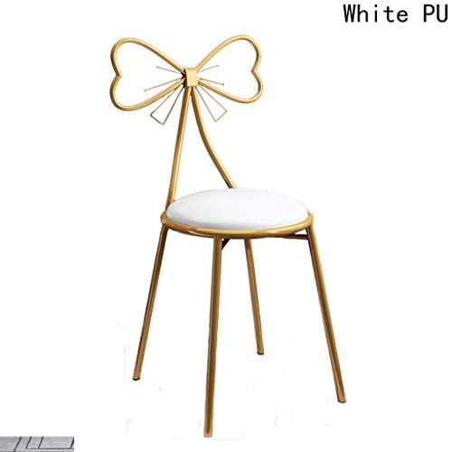 Tocador Creativo Silla De Maquillaje, Lazo De Mariposa Dorada Silla De Respaldo Dormitorio Cuero De PU / Decoración De Franela Ocio Silla De Lectura Hierro Forjado Silla De Comedor Muebles,White pu