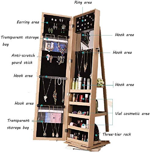 TONGSH Joyería Organizador de la joyería de Gabinete 360 ​​de rotación, con Cerradura Pared Derecha de la joyería Armario con Espejo de Cuerpo Entero Joyería Grande del Armario del gabinete