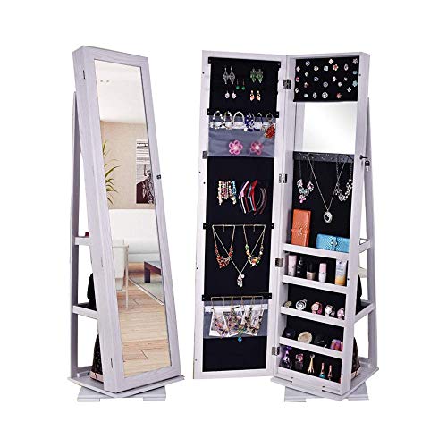 TONGSH Joyería Organizador de la joyería de Gabinete 360 ​​de rotación, con Cerradura Pared Derecha de la joyería Armario con Espejo de Cuerpo Entero Joyería Grande del Armario del gabinete