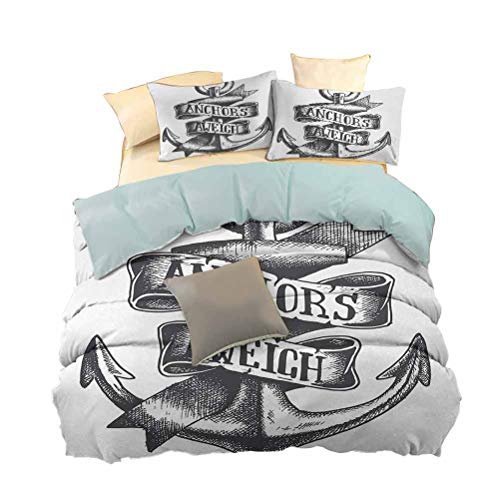 Toopeek Anchor Hotel Luxury Bed Linen Tattoo Style Navy Symbol Sketch con cinta y letras vintage Insignia de poliéster, suave y transpirable (King), gris carbón blanco