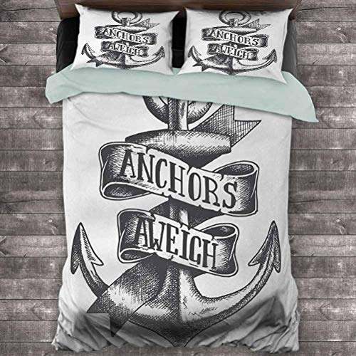 Toopeek Anchor Hotel Luxury Bed Linen Tattoo Style Navy Symbol Sketch con cinta y letras vintage Insignia de poliéster, suave y transpirable (King), gris carbón blanco