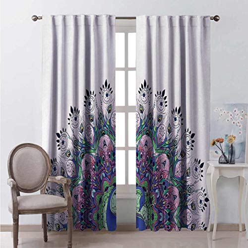 Toopeek - Cortina aislada con diseño de pavo real, diseño de plumas de fauna exótica, diseño de plumas de pavo real, color azul, verde y rosa