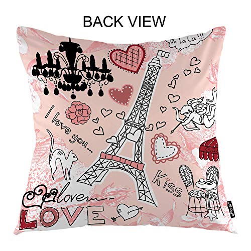 Torre Eiffel Throw Pillow Cover Love in Paris Corazones Románticos Fondo Rosado Cojín Funda de Almohada Decorativa Decoración para el Hogar Sofá Funda de Almohada para Coche, 45X45 CM