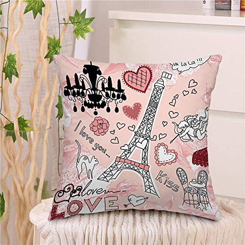Torre Eiffel Throw Pillow Cover Love in Paris Corazones Románticos Fondo Rosado Cojín Funda de Almohada Decorativa Decoración para el Hogar Sofá Funda de Almohada para Coche, 45X45 CM