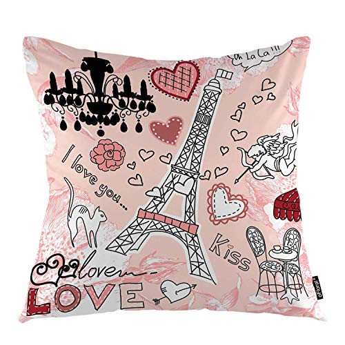 Torre Eiffel Throw Pillow Cover Love in Paris Corazones Románticos Fondo Rosado Cojín Funda de Almohada Decorativa Decoración para el Hogar Sofá Funda de Almohada para Coche, 45X45 CM