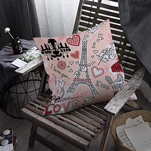 Torre Eiffel Throw Pillow Cover Love in Paris Corazones Románticos Fondo Rosado Cojín Funda de Almohada Decorativa Decoración para el Hogar Sofá Funda de Almohada para Coche, 45X45 CM