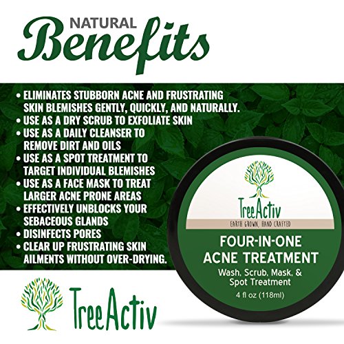Treeactiv Cuatro en Uno acné tratamiento de lavado, Scrub, máscara, y Spot Tratamiento Cura rosácea Exfoliante de azúcar cara o el cuerpo de azufre claro natural de la piel Cuidado de bentonita (4 oz)