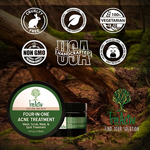 Treeactiv Cuatro en Uno acné tratamiento de lavado, Scrub, máscara, y Spot Tratamiento Cura rosácea Exfoliante de azúcar cara o el cuerpo de azufre claro natural de la piel Cuidado de bentonita (4 oz)