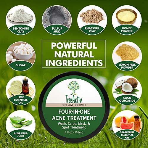 Treeactiv Cuatro en Uno acné tratamiento de lavado, Scrub, máscara, y Spot Tratamiento Cura rosácea Exfoliante de azúcar cara o el cuerpo de azufre claro natural de la piel Cuidado de bentonita (4 oz)