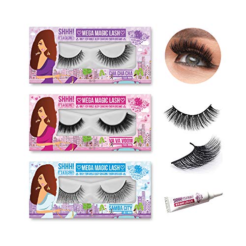 TRIO PESTAÑAS"3D MEGA MAGIC LASH" (3 pares) con pegamento para pestañas (1 x 7G) por CCL BEAUTY Pestañas de seda hechas a mano de lujo Lavable Reutilizable hasta 20 veces, Vegano