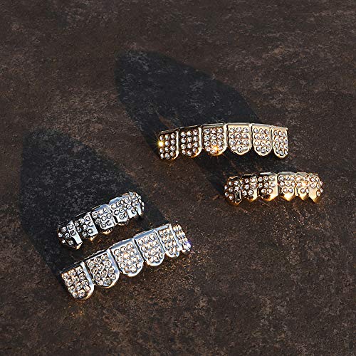 TSANLY Grillz de Diamantes Baño de Oro Blanco 14 Quilates. Juego de Tapas Superior e Inferior Parece Diamante Real + Caja Clásico + Paño de Microfibra