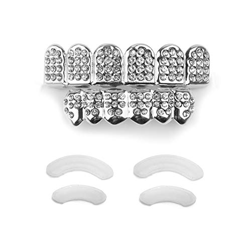 TSANLY Grillz de Diamantes Baño de Oro Blanco 14 Quilates. Juego de Tapas Superior e Inferior Parece Diamante Real + Caja Clásico + Paño de Microfibra