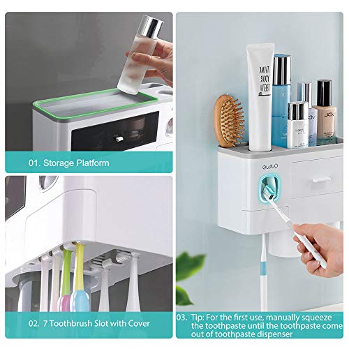 TuCao - Soporte para cepillo de dientes montado en la pared con dispensador automático de pasta de dientes, 7 ranuras para cepillos de dientes con cubierta a prueba de polvo (3 Tazas)