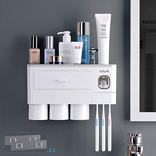 TuCao - Soporte para cepillo de dientes montado en la pared con dispensador automático de pasta de dientes, 7 ranuras para cepillos de dientes con cubierta a prueba de polvo (3 Tazas)