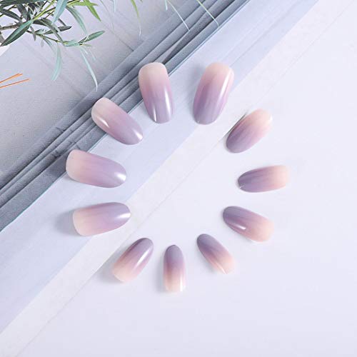 Ubright - 24 uñas postizas artificiales, diseño de uñas postizas artificiales, color degradado, cobertura completa, para mujeres y niñas (beige y azul)