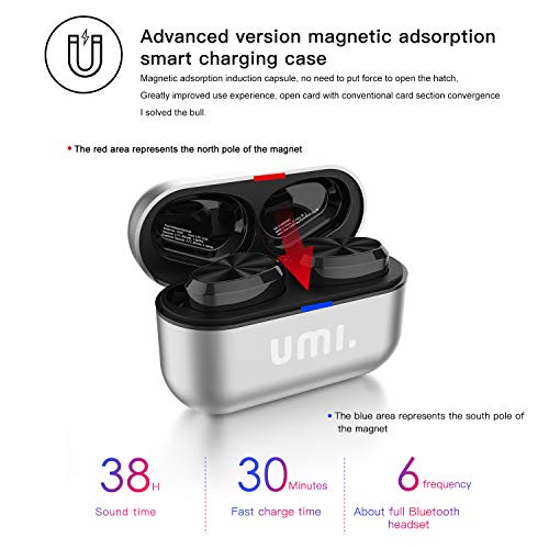 Umi. by Amazon Auriculares de botón inalámbricos (TWS) W5s con Bluetooth 5.0 y certificación IPX7 compatibles con iPhone Samsung Huawei y Estuche metálico con Base de Carga (Plata)