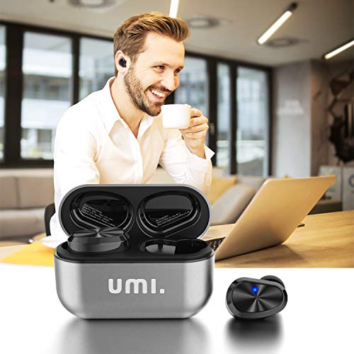 Umi. by Amazon Auriculares de botón inalámbricos (TWS) W5s con Bluetooth 5.0 y certificación IPX7 compatibles con iPhone Samsung Huawei y Estuche metálico con Base de Carga (Plata)