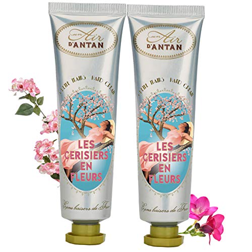 Un Air d'Antan® - Paquete de 2 Cremas de Mano Vintage de Flor de Cerezo Enriquecidas con Manteca de Karité y Aloe Vera, Fragancia Exclusiva de Fresia, Flor de Cerezo - 2x25ml