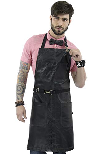 Under NY Sky Delantal Revestido Negro Jet - Resistente al Agua y Manchas - Cierre sin Amarras - Multi Bolsillos - Hombre, Mujer, Peluquero, Colorista, Barbero, Barman, Chef, Barista, Tatuador