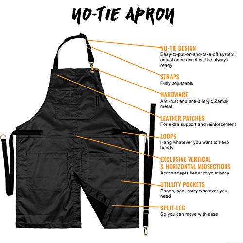Under NY Sky Delantal Revestido Negro Jet - Resistente al Agua y Manchas - Cierre sin Amarras - Multi Bolsillos - Hombre, Mujer, Peluquero, Colorista, Barbero, Barman, Chef, Barista, Tatuador