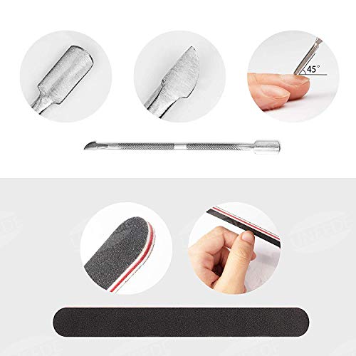 UNEEDE Almohadillas para quitar esmalte de uñas,300 unidades de lámina de aluminio para esmalte de uñas,1pieza de quitacutículas y1 lima de uñas,herramienta para eliminar fácilmente el esmalte de uñas