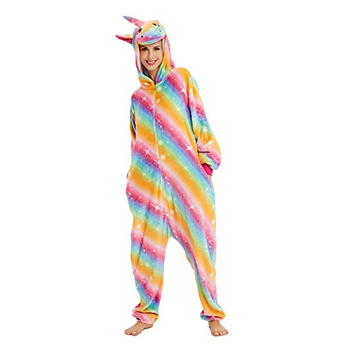 Unicornio Pijamas Cosplay Unicorn Disfraces Animales Franela Monos Unisex-Adulto Ropa de Dormir Disfraces de Fiesta (S, Arco Iris)