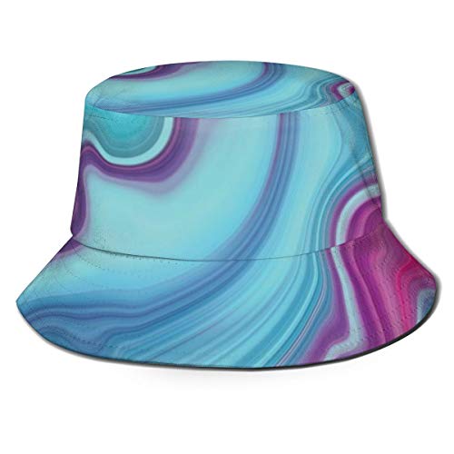 Unisex Summer Fisherman Cap,Abstract Color Formation Wavy Aqua Pink Lines Agate Slab Mineral Layers Geographic,Travel Beach Outdoor Sun Hat