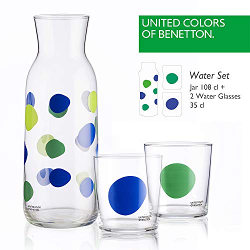 UNITED COLORS OF BENETTON. BE065 Set 3 Piezas: Jarra de Vidrio 108 2 Vasos 35 cl, Cristal, Puntos