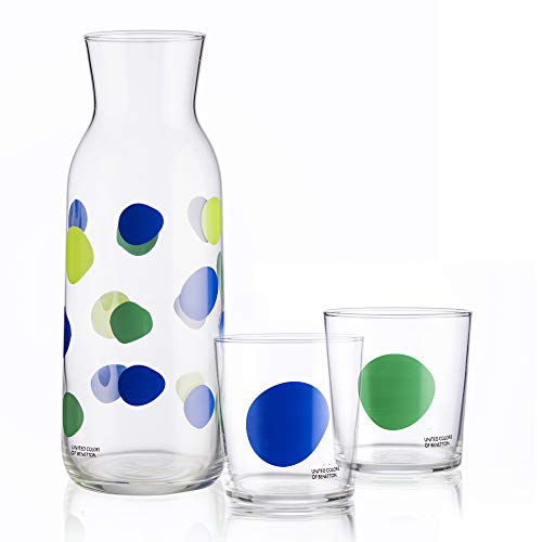 UNITED COLORS OF BENETTON. BE065 Set 3 Piezas: Jarra de Vidrio 108 2 Vasos 35 cl, Cristal, Puntos
