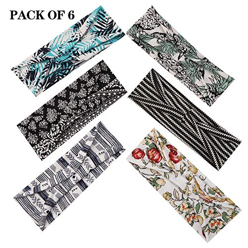 upain 6 Piezas Diademas Elásticas Boho Yoga Banda Boho Flor Vintage Impreso Anchas Diadema Bandas de Pelo Turbante Cinta de Pelo para Mujeres y Niñas