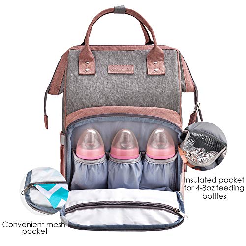 Upsimples Mochilas para pañales bebé, bolsas de pañales, con puerto de carga USB y 2 correas de cochecito para mamá y papá (rosa y gris)