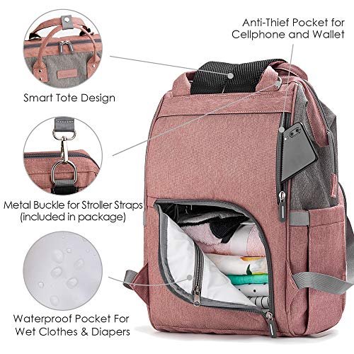Upsimples Mochilas para pañales bebé, bolsas de pañales, con puerto de carga USB y 2 correas de cochecito para mamá y papá (rosa y gris)