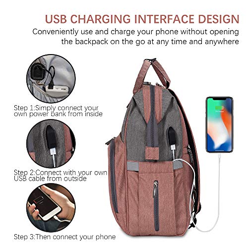 Upsimples Mochilas para pañales bebé, bolsas de pañales, con puerto de carga USB y 2 correas de cochecito para mamá y papá (rosa y gris)