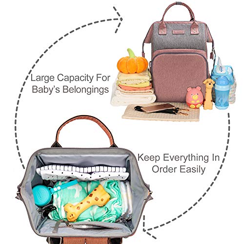 Upsimples Mochilas para pañales bebé, bolsas de pañales, con puerto de carga USB y 2 correas de cochecito para mamá y papá (rosa y gris)