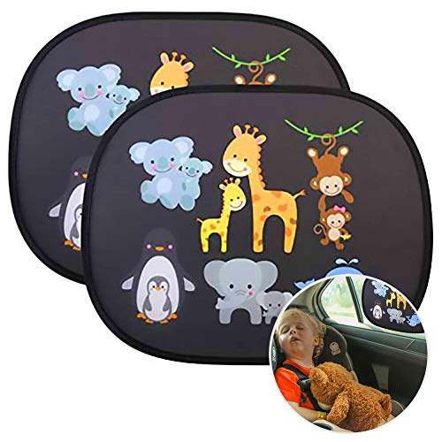 URAQT Parasol de Coche Infantil con Protección UV, 2Pcs Parasol Coche Infantil Lateral, Autoadhesivo, para Proteger del Sol a Bebés y Mascotas, Parasol coche Bebé de Animales de Safari, Animal