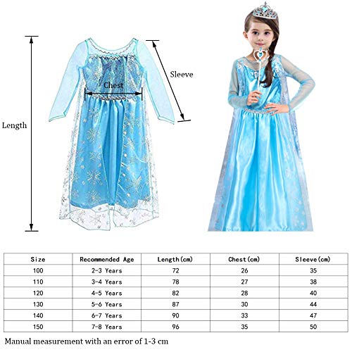 URAQT Vestido de Princesa Elsa, Reina Frozen Disfraz Elsa Vestido Infantil Niñas Costume Azul Cosplay de Disney Disfraz de Halloween, Cumpleaños, Carnaval y la Fiesta (150) Azul