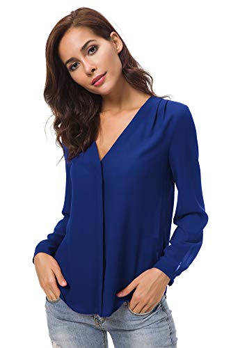 Urban GoCo Blusa de Gasa con Escote en V Mangas Largas y el Dobladillo en el Hombro para Mujeres (L, Azul Real)