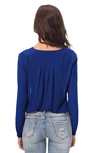 Urban GoCo Blusa de Gasa con Escote en V Mangas Largas y el Dobladillo en el Hombro para Mujeres (L, Azul Real)