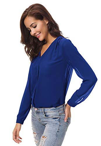 Urban GoCo Blusa de Gasa con Escote en V Mangas Largas y el Dobladillo en el Hombro para Mujeres (L, Azul Real)