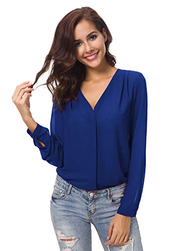 Urban GoCo Blusa de Gasa con Escote en V Mangas Largas y el Dobladillo en el Hombro para Mujeres (L, Azul Real)