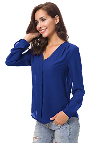 Urban GoCo Blusa de Gasa con Escote en V Mangas Largas y el Dobladillo en el Hombro para Mujeres (L, Azul Real)