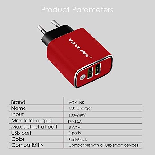 USB Cargador de Viaje con 2 Puertos Cargador Movil Universal, Aleación de Aluminio USB Adaptador para Huawei, Xiaomi, iPad, iPhone, Samsung,Teléfonos Inteligentes, Tabletas, MP3 y Otros (Rojo)