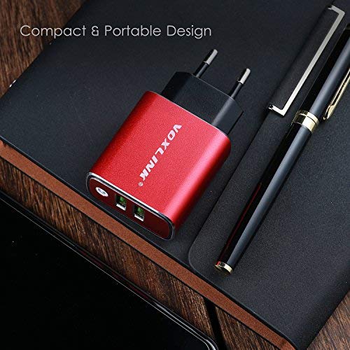 USB Cargador de Viaje con 2 Puertos Cargador Movil Universal, Aleación de Aluminio USB Adaptador para Huawei, Xiaomi, iPad, iPhone, Samsung,Teléfonos Inteligentes, Tabletas, MP3 y Otros (Rojo)