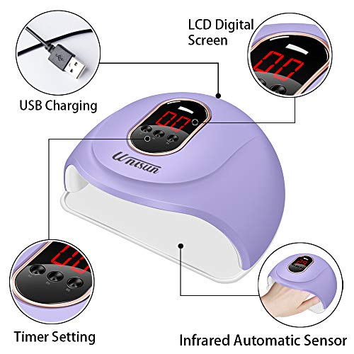 UV LED lámpara secador de uñas para esmalte de uñas de gel, juego de luces de uñas con lima de uñas con sensor automático 3 modo de temporizador, luz de uñas portátil profesional 54 W (púrpura)