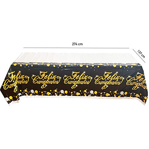Vajilla Desechable para Cumpleaños de Adultos - Platos, Vasos, Tenedores, Cucharas, Cuchillos, Mantel y Servilletas - Accesorios para Decoración, Color Negro y Dorado - 16 Invitados(Kit Básico)