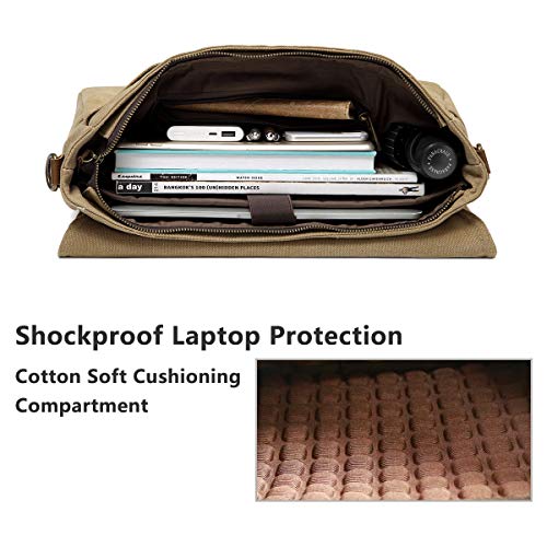 VASCHY Bolso Hombre Bandolera, Maletín Hombre para Portátil 15 Pulgadas Bolso Mensajero Lona Encera Bolsa Bandolera Ordenador Repelente Al Agua con Bandolera Acolchada Caqui