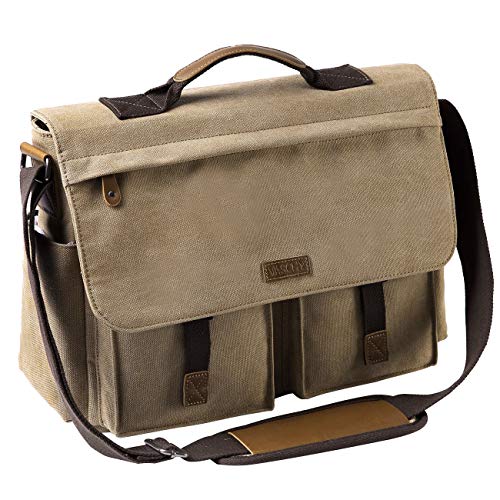 VASCHY Bolso Hombre Bandolera, Maletín Hombre para Portátil 15 Pulgadas Bolso Mensajero Lona Encera Bolsa Bandolera Ordenador Repelente Al Agua con Bandolera Acolchada Caqui