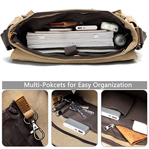 VASCHY Bolso Hombre Bandolera, Maletín Hombre para Portátil 15 Pulgadas Bolso Mensajero Lona Encera Bolsa Bandolera Ordenador Repelente Al Agua con Bandolera Acolchada Caqui