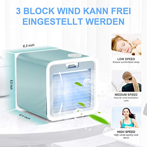 VAZILLIO 3 en 1 Mini Enfriador de Aire, Aire Acondicionado Portátil, Humidificador con Mango, refrigerador de Aire para Trabajo y hogar (Azul Claro)