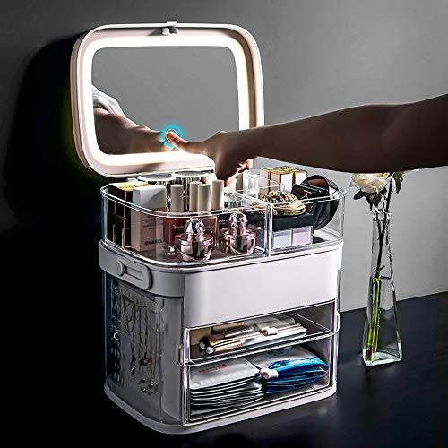 VBARV Caja de Acabado de Escritorio de cosméticos: Vitrina de Almacenamiento de Joyas y cosméticos, con Espejo de Maquillaje con iluminación LED, Muy Adecuado para el baño y el tocador